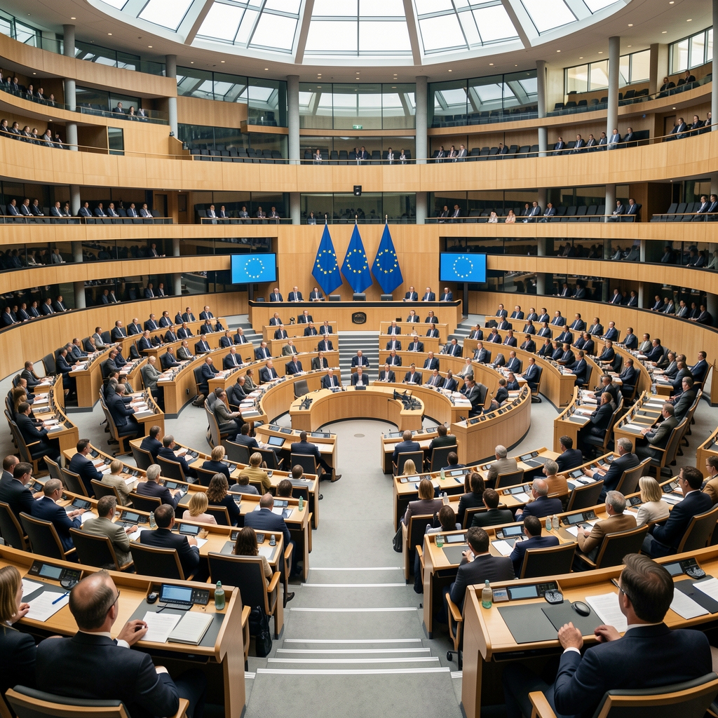 Moderna zgrada Europskog parlamenta u Bruxellesu sa zastavama zemalja članica EU-a pred ulazom
