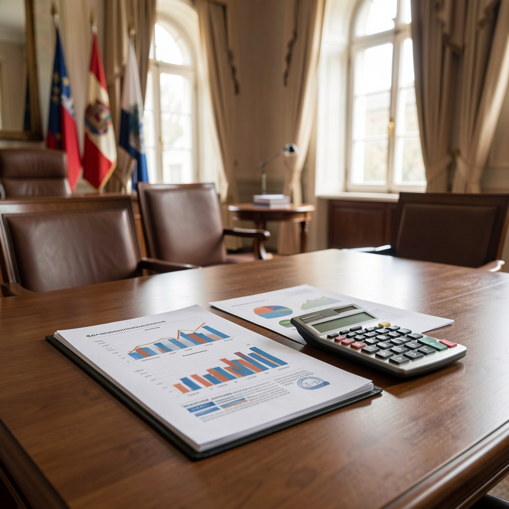 Otvoreni dokument prijedloga državnog proračuna na stolu s grafovima i kalkulatorom u vladinoj zgradi
